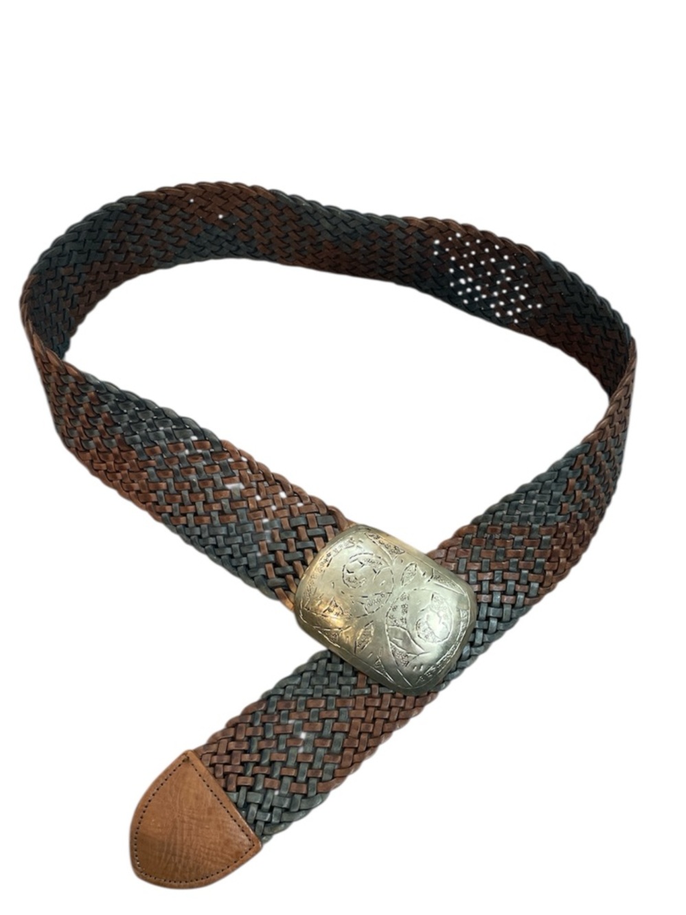 Motif 56 Moroccan Woven Leather Belt Brown & Black Silvertone Buckle 40 inches